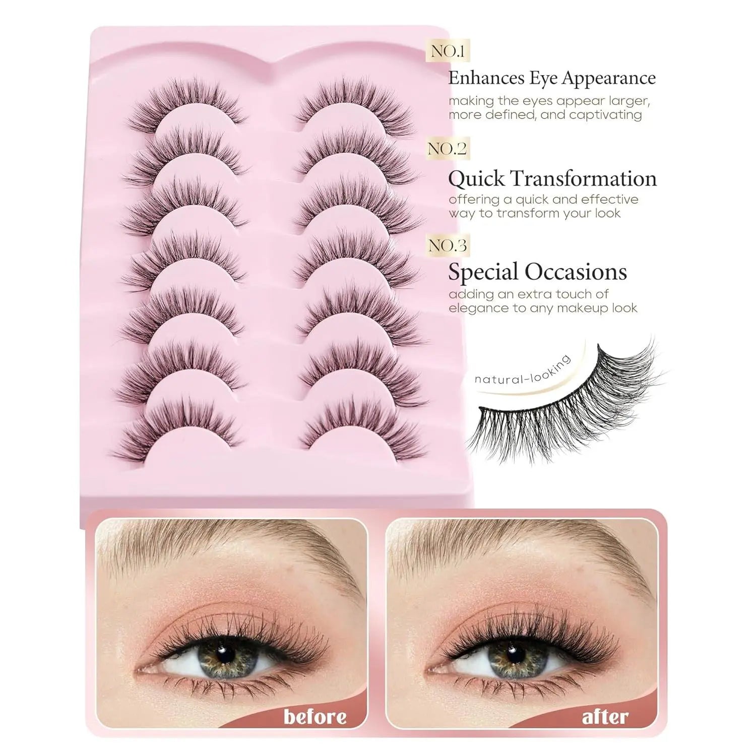 Natural Lashes Wispy Lashes Natural Look False Eyelashes Natural Flared Eyelashes False Eye Lashes Soft Fluffy Lashes 7 Pairs D-K06, Black